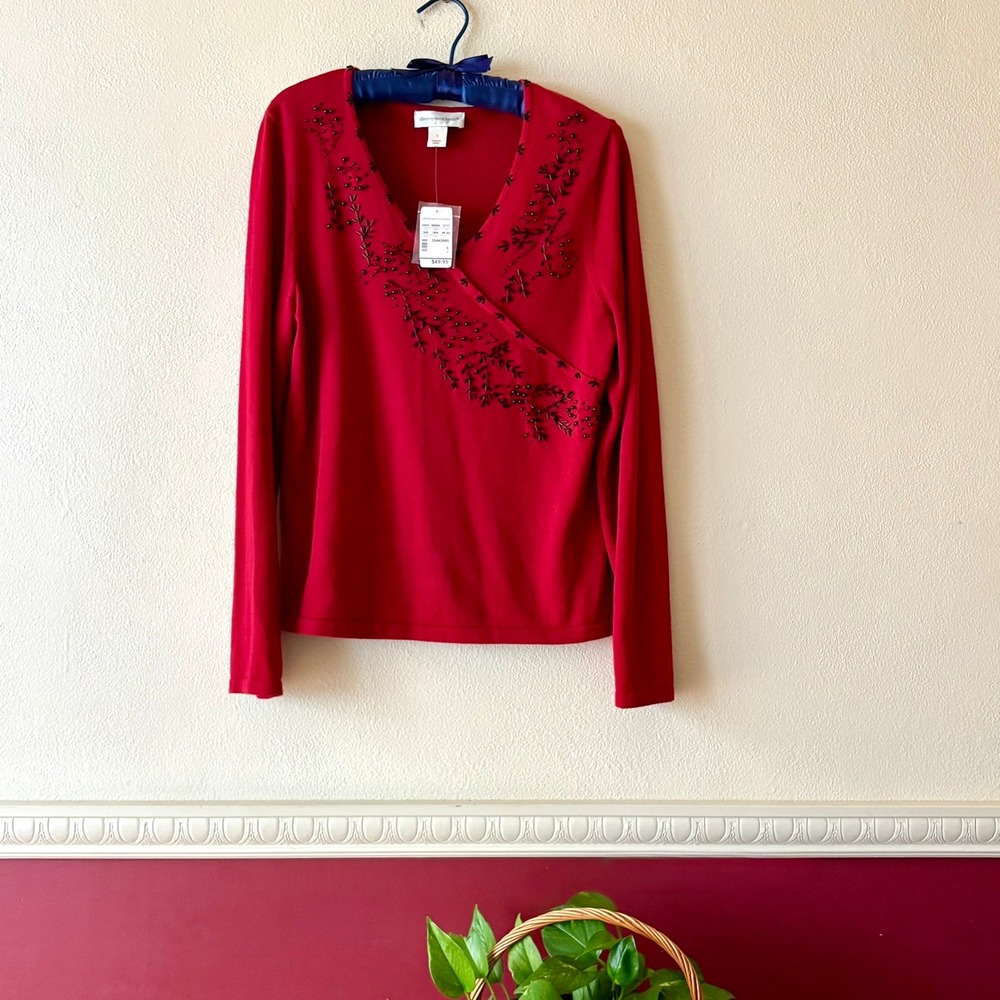 New Christopher Banks Beaded V-Neck 100% Cotton Sweater Red Black SIze S NWT